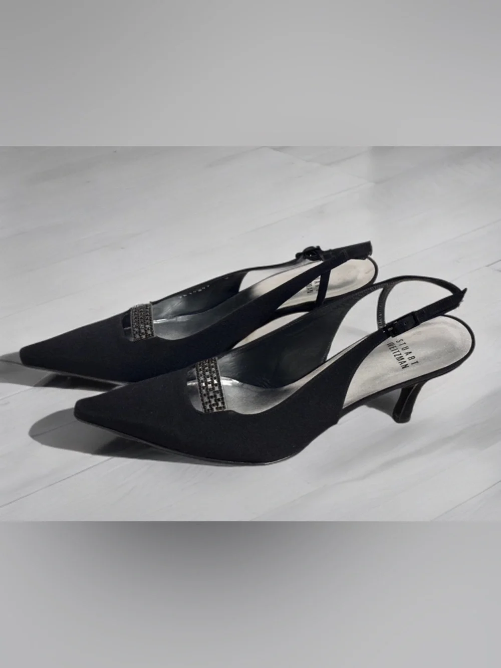 Stuart Weitzman Black Suede Crystal Embellished Slingback Pointed Toe Pumps 7.5